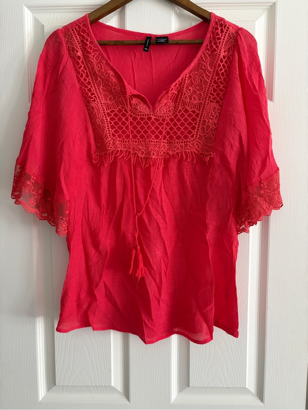 new directions Bright Pink Lace-Trim V-Neck Peasant Top